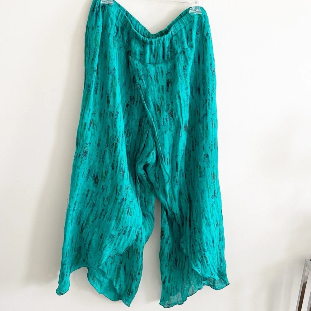 Click linen teal blue black printed flowy wide leg drapey pull on pants size XXL